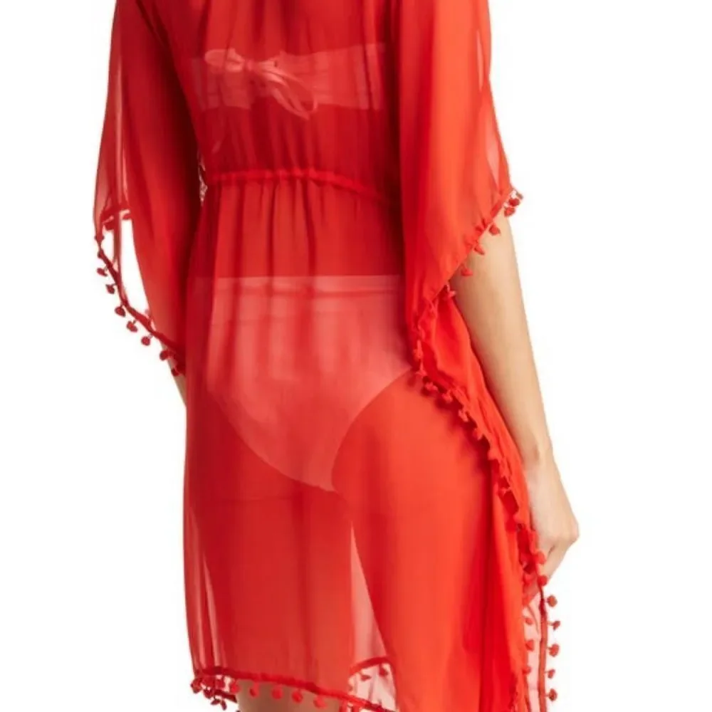 11-Cherry Red Tassel Trim Short Swim Cover by Shahida Parides
